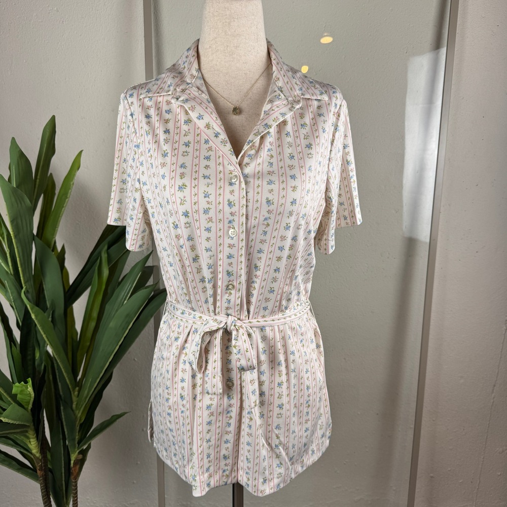 Vintage Floral Stripe Button Down Women Small White Short Sleeve Tie Cottagecore
